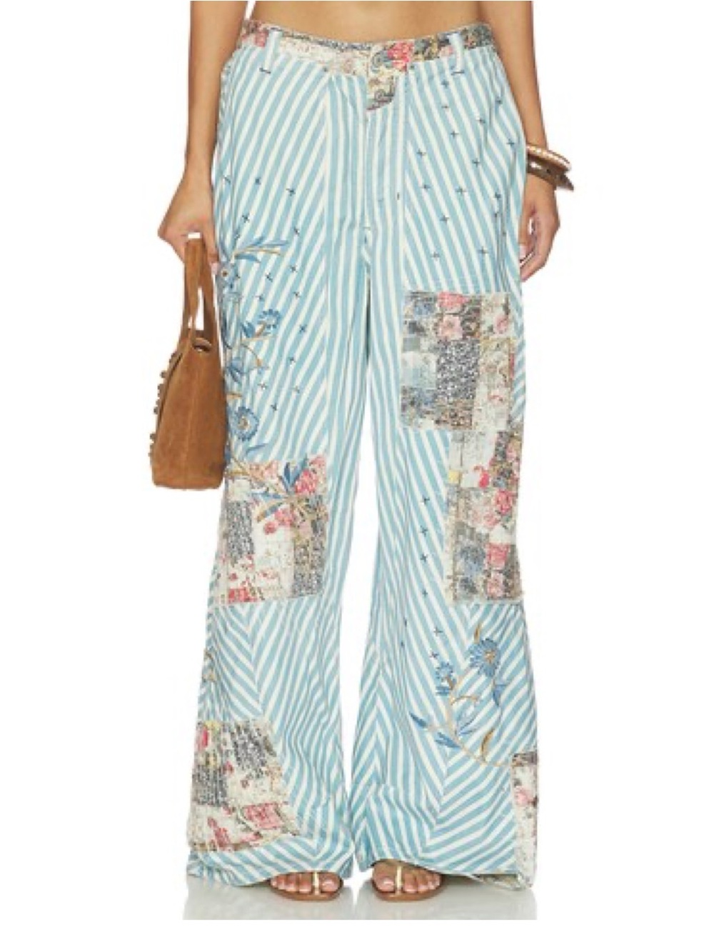Free People Blue & White Striped Wide Leg Patchwork Jeans - Picture 16 of 16